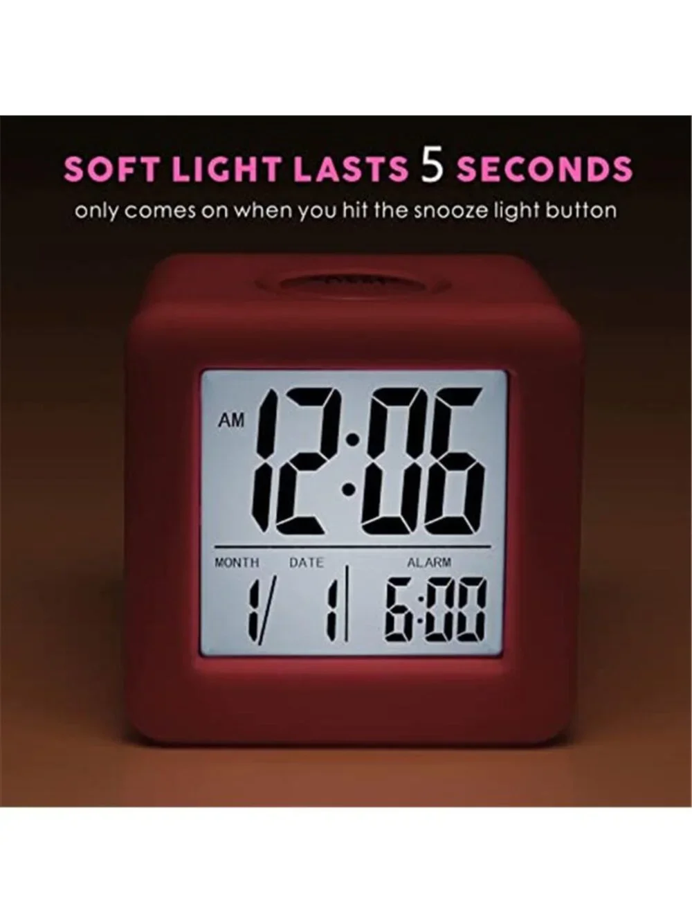 Pink Alarm Clock Large Display LCD Digital Clock Snooze Battery Portable Kids